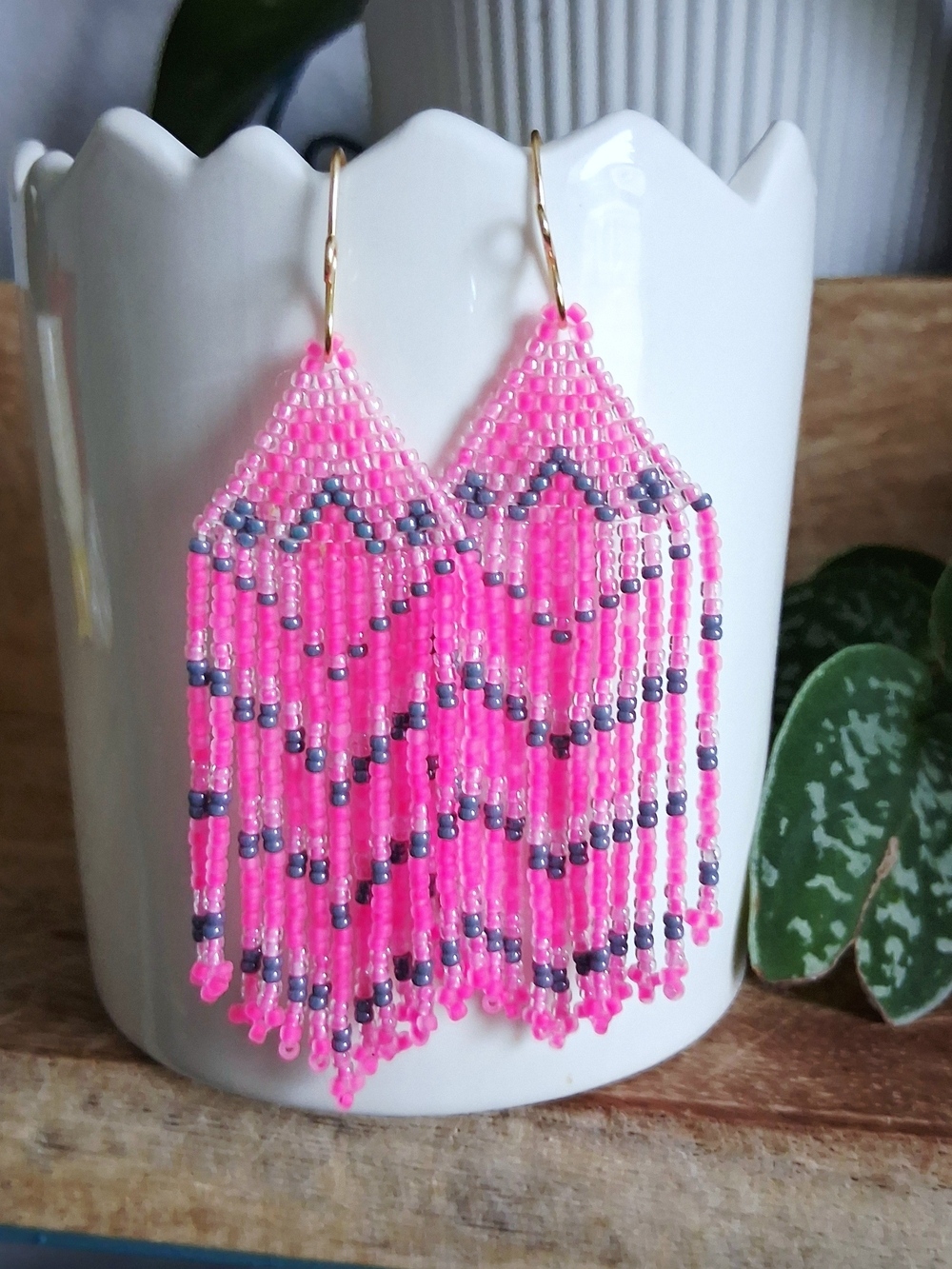 Handcrafted Hot Pink Beaded Fringe Earrings with Gold Hooks